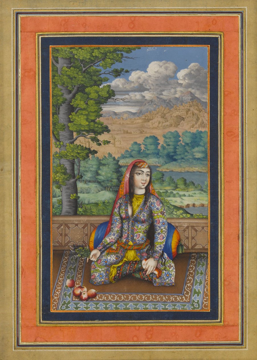 Portrait of a Persian Lady, Folio fra Davis Album, ca. 1736-37 (blæk, uigennemsigtig akvarel og guld på papir) af Persian School
