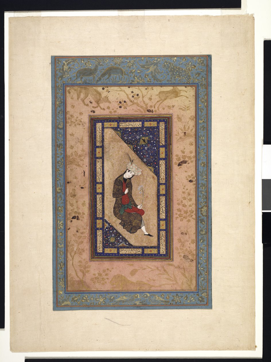 Portræt af en safavidisk prins, ca. 1590-1630 eller senere (ugennemsigtig akvarel og guld på papir) af Persian School