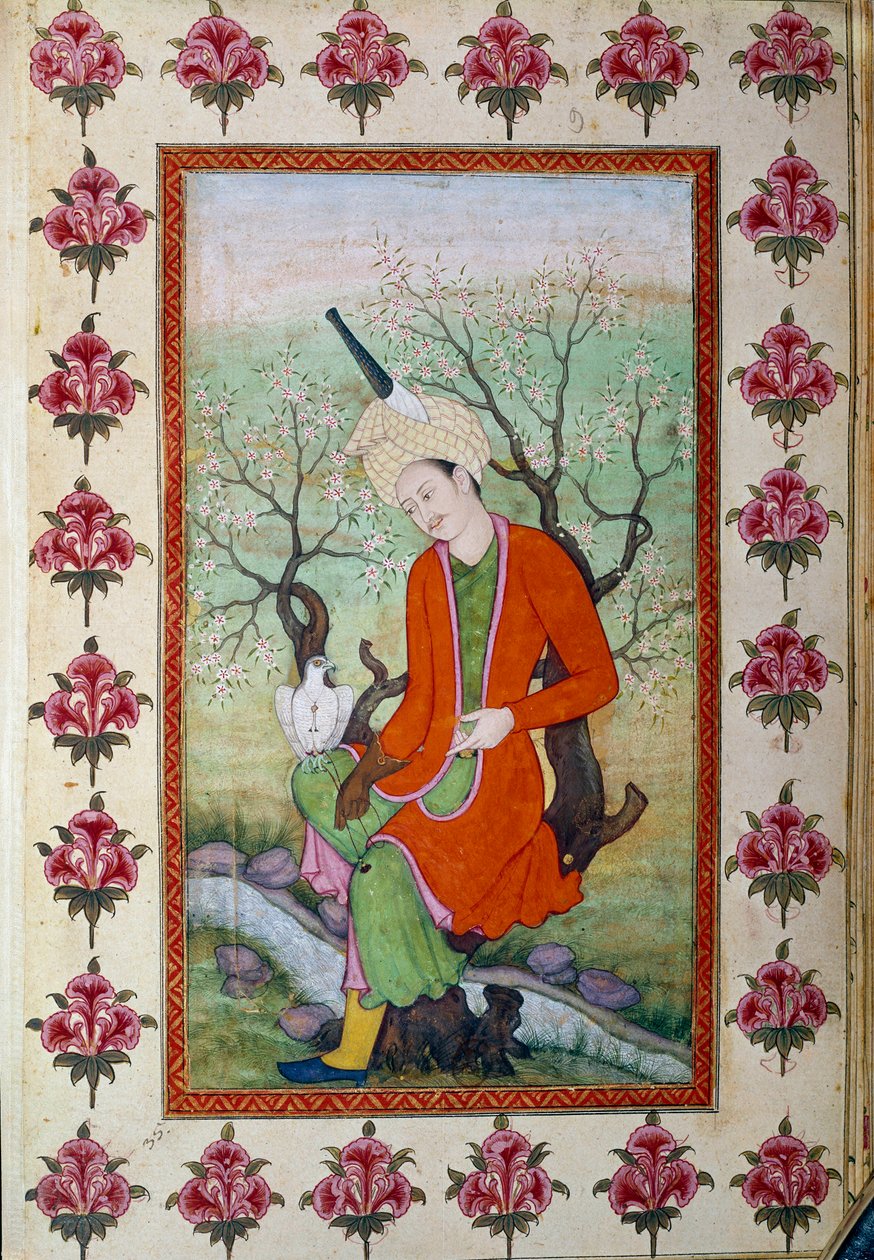Prins hviler på jagt med en høg. Persisk miniature af Persian School