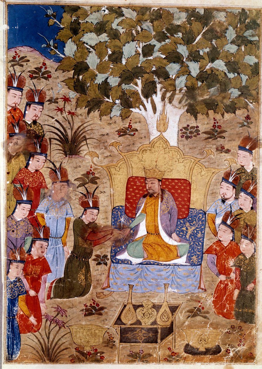 Repræsentation af Chaghtai Khan (1227-1242) på sin trone, han er søn af Djengis Khan til hest. Persisk miniature taget fra Jami al-Tawarikh" (Jami al tawarikh) eller ""Universal History"" af historikeren Rashid al-din (al din) (1247-1318) Omkring 1430. af Persian School