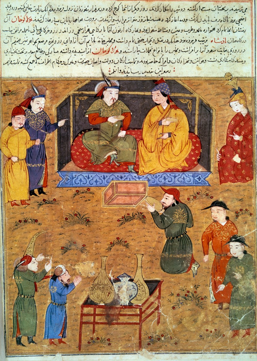 Repræsentation af Houlagou Khan (1217-1265), han er barnebarn af Djengis Khan persisk miniature taget fra "" Jami al-tawarikh"" (Jami al-tawarikh) eller "" Universal History"" af historikeren Rashid al-din (al. din) (1247-1318) Omkring 1430. Paris, B.N. af Persian School