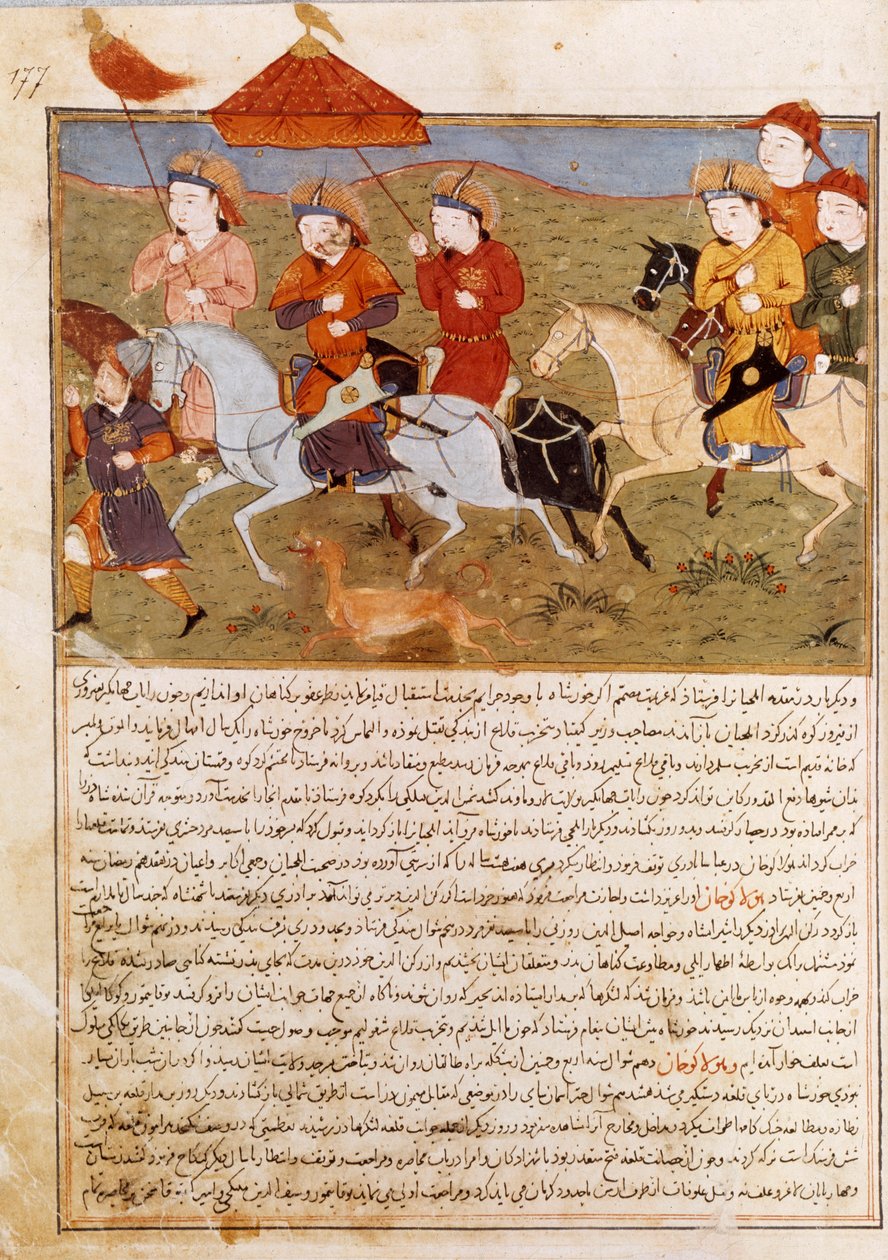 Repræsentation af Houlagou Khan, barnebarn af Genghis Khan ridning. Persisk miniature taget fra Jami al-Tawarikh" (Jami al tawarikh) eller "" Universal History"" af historikeren Rashid al-din (al din) (1247-1318) Omkring 1430. Paris, B.N. af Persian School