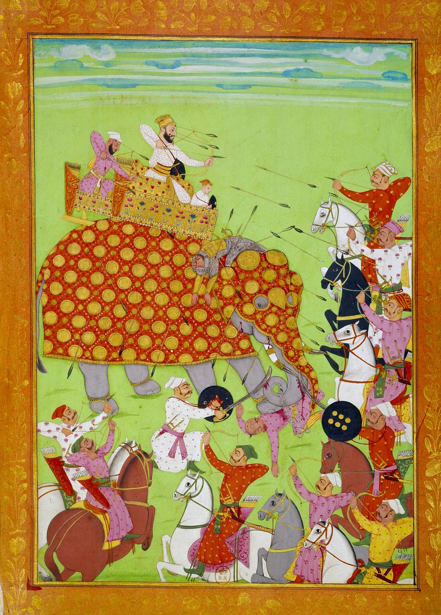 Repræsentation af Murad (Mourad) Baksh (1624-1661), søn af Mughal-kejser Shah Jehan (eller Shah Jehan, Shahjehan), der kæmper på en elefant. Persisk miniature af det 17. århundredes Paris, B.N. af Persian School