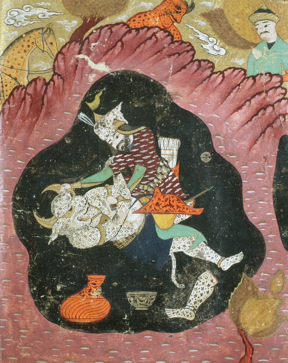 Rostam dræber den hvide dæmon i en hule, illustration fra Shahnama (Kongernes Bog) af Abul-Qasim Manur Firdawsi (c.934-c.1020) 1615 af Persian School