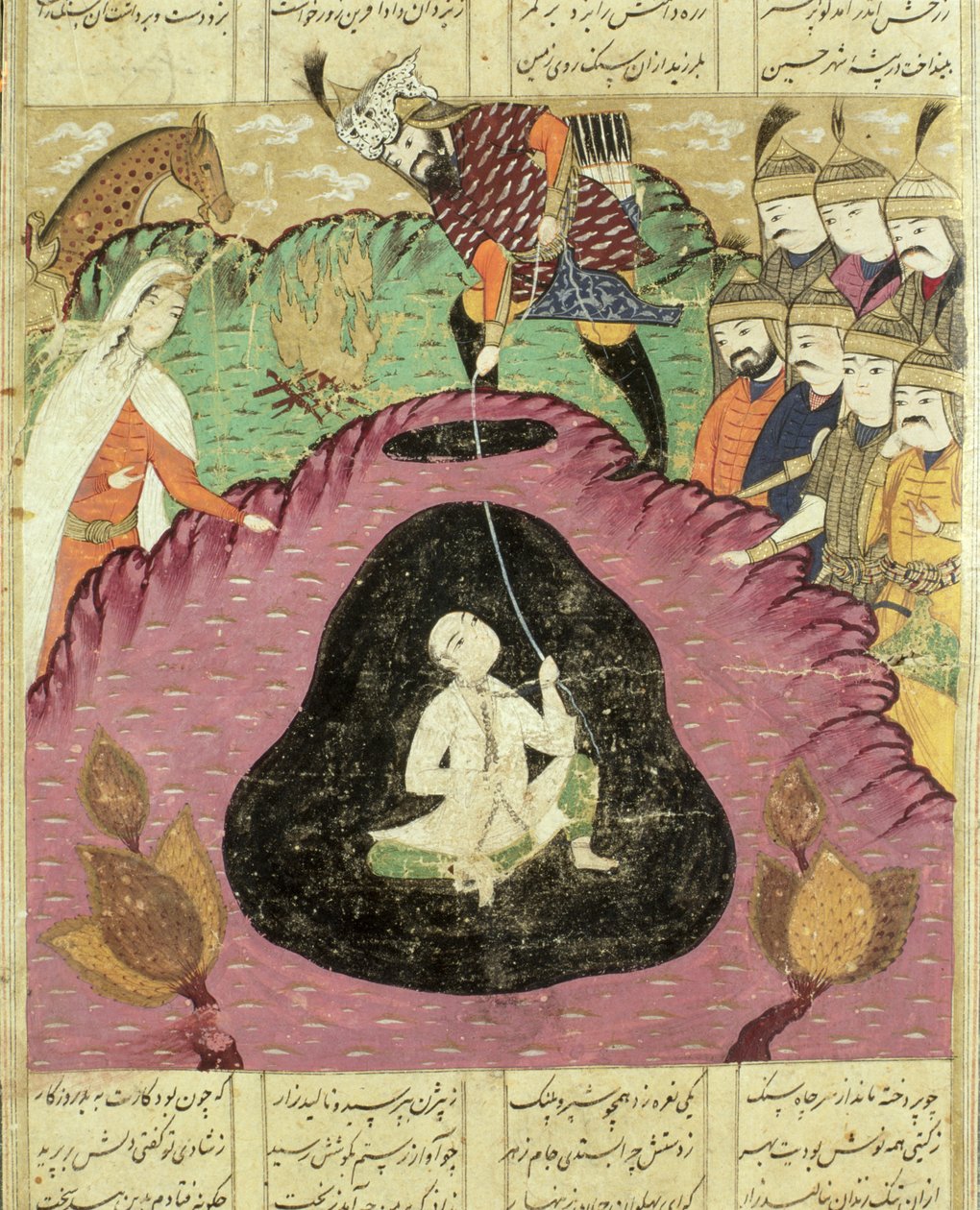 Rostam trækker Bijan fra hulen, illustration fra Shahnama (Kongernes Bog) af Abul-Qasim Manur Firdawsi (c.934-c.1020) 1619 af Persian School