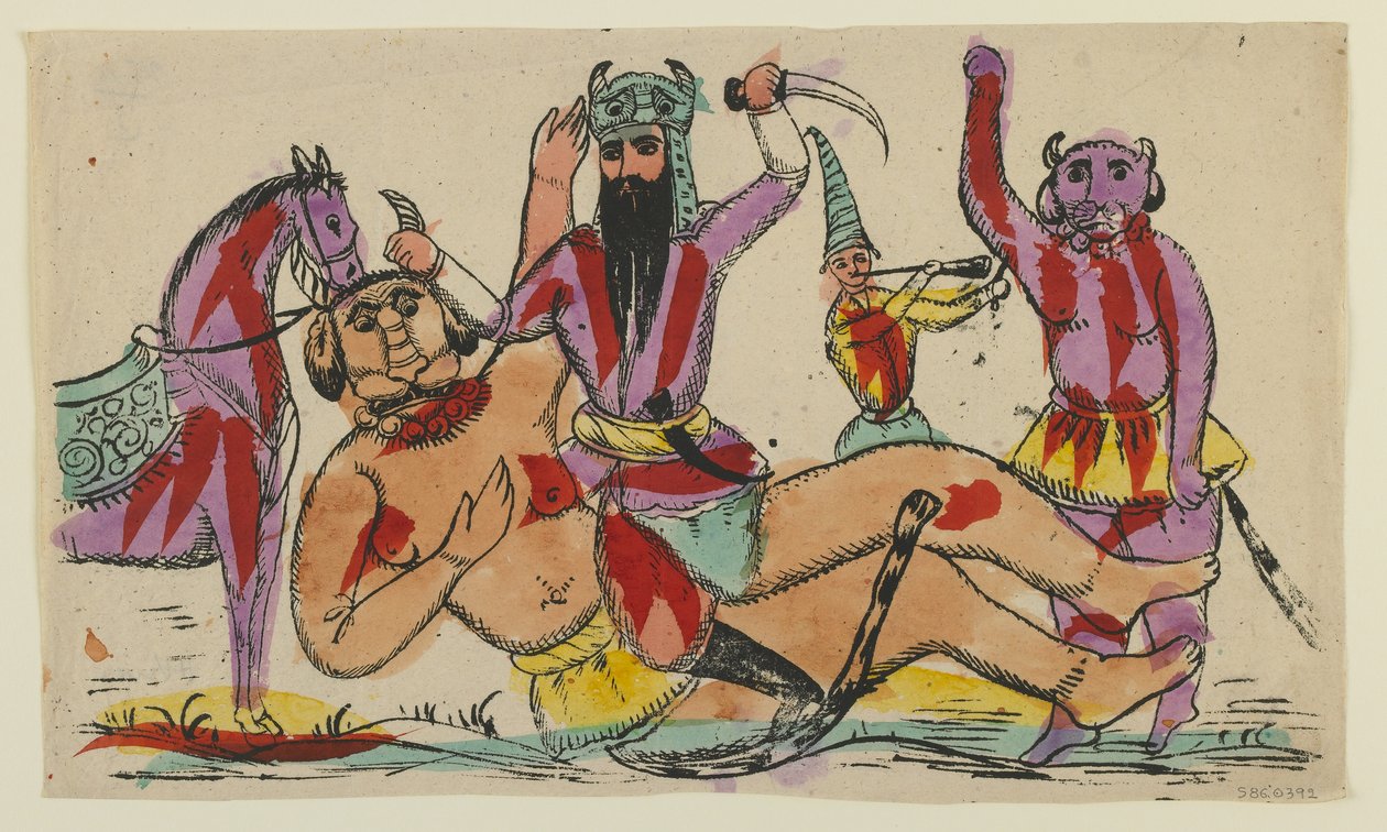 Rustam dræber Div, slutningen af det 19. århundrede (håndkoloreret litografi) af Persian School