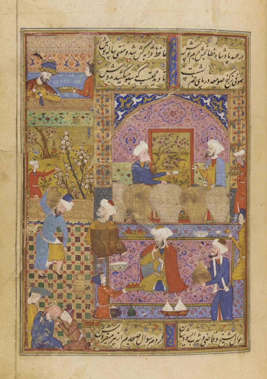 Scene i et værtshus fra en Divan af Hafiz, ca. 1552-53 af Persian School