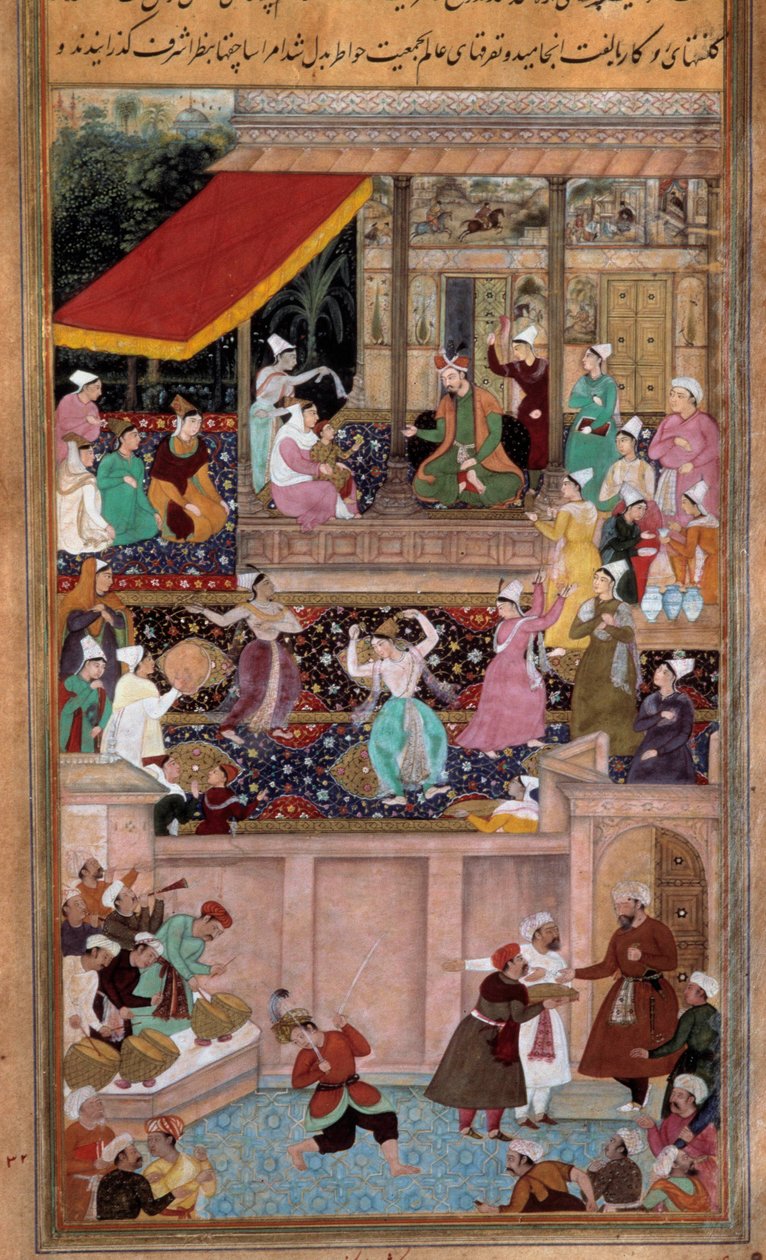 Scene med danse, musik, underholdning ved en sultans hof. Persisk miniature af Persian School