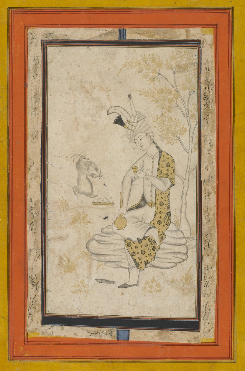 Shah Tahmasp I sad på klippen, Safavid-dynasti (blæk og guld på papir) af Persian School