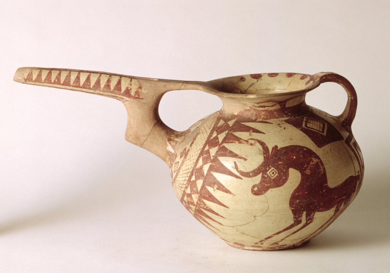 Udsprøjtet kar med dekorative mønstre, der symboliserer solen og månen, fra Sialk, Iran, 1. årtusinde f.Kr. (ler) af Persian School
