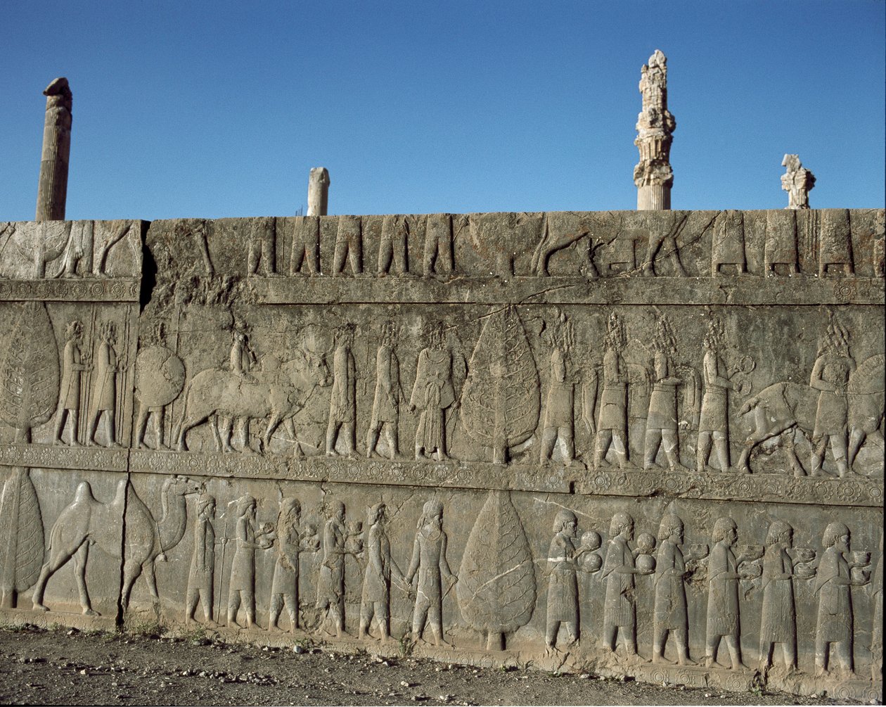 Underdanige folk tilbyder gaver til Darius I. Relieffer af den østlige trappe af Apadana, 6. århundrede f.Kr. af Persian School