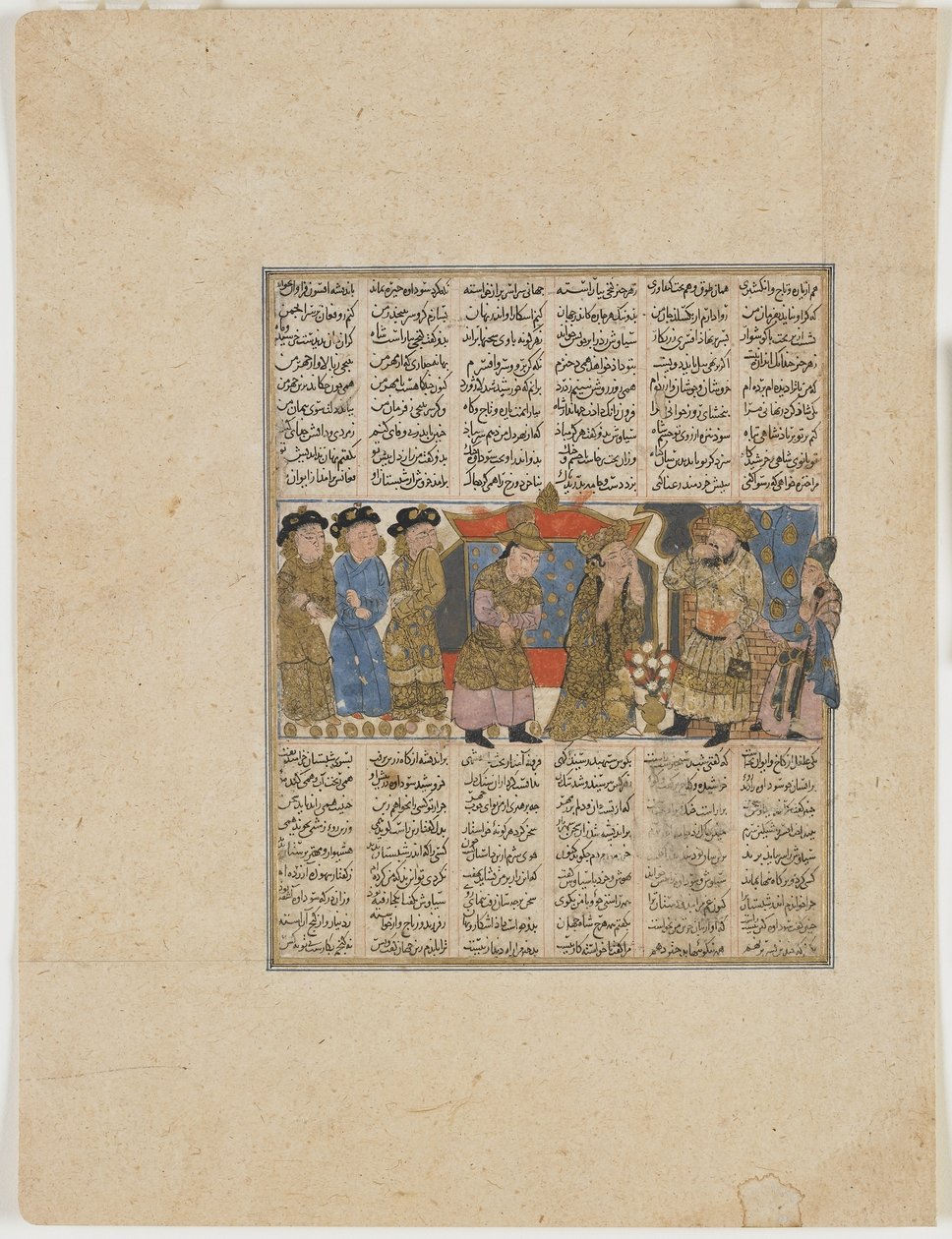 Sudaba fremsætter beskyldninger mod Siyavush, fra en Shahnama (Kongebogen) af Firdawsi (d.1020) (ugennemsigtig akvarel, blæk, guld og sølv på papir) af Persian School