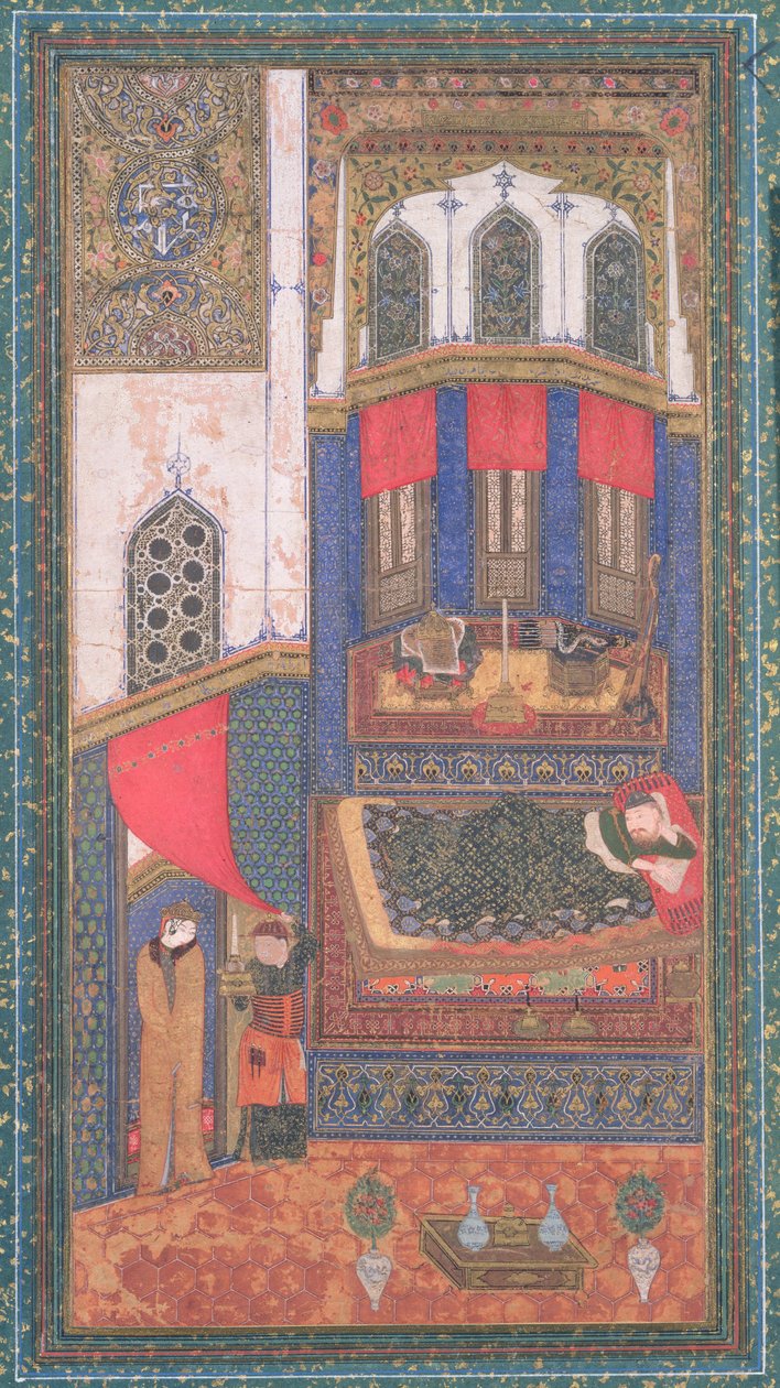 Tahmina Comes into Rustams Chamber, illustration fra Shahnama (Kongernes Bog), af Abul-Qasim Manur Firdawsi (ca.934-c.1020), fra Herat, Afghanistan, ca.1410 (ugennemsigtig wc og guld på papir) af Persian School