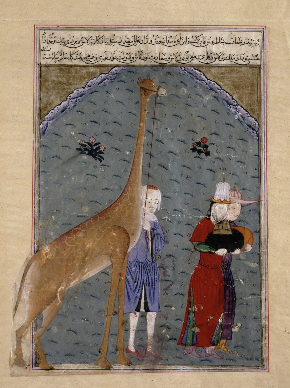 Ambassadørerne for den egyptiske sultan al-Nasir Faraj ibn Barquq præsenterer deres hyldestgaver, inklusive en giraf, til Timur, illustration fra Zafarnama af Sharaf al-Din Ali Yazdihiraz, 1436 (blæk, af Persian School