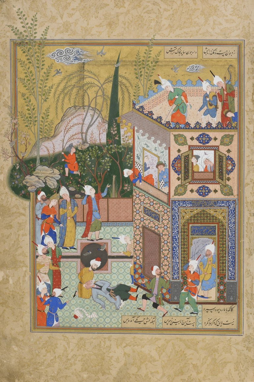The Fickle Old Lover is Knocked Off the Rooftop, folio fra en Haft awrang (Seven Thrones) af Jami (d.1492) sandsynligvis Mashad, Khurasan, Iran, Safavid-dynastiet, 1556-1565 (blæk, uigennemsigtig akvarel og guld af Persian School