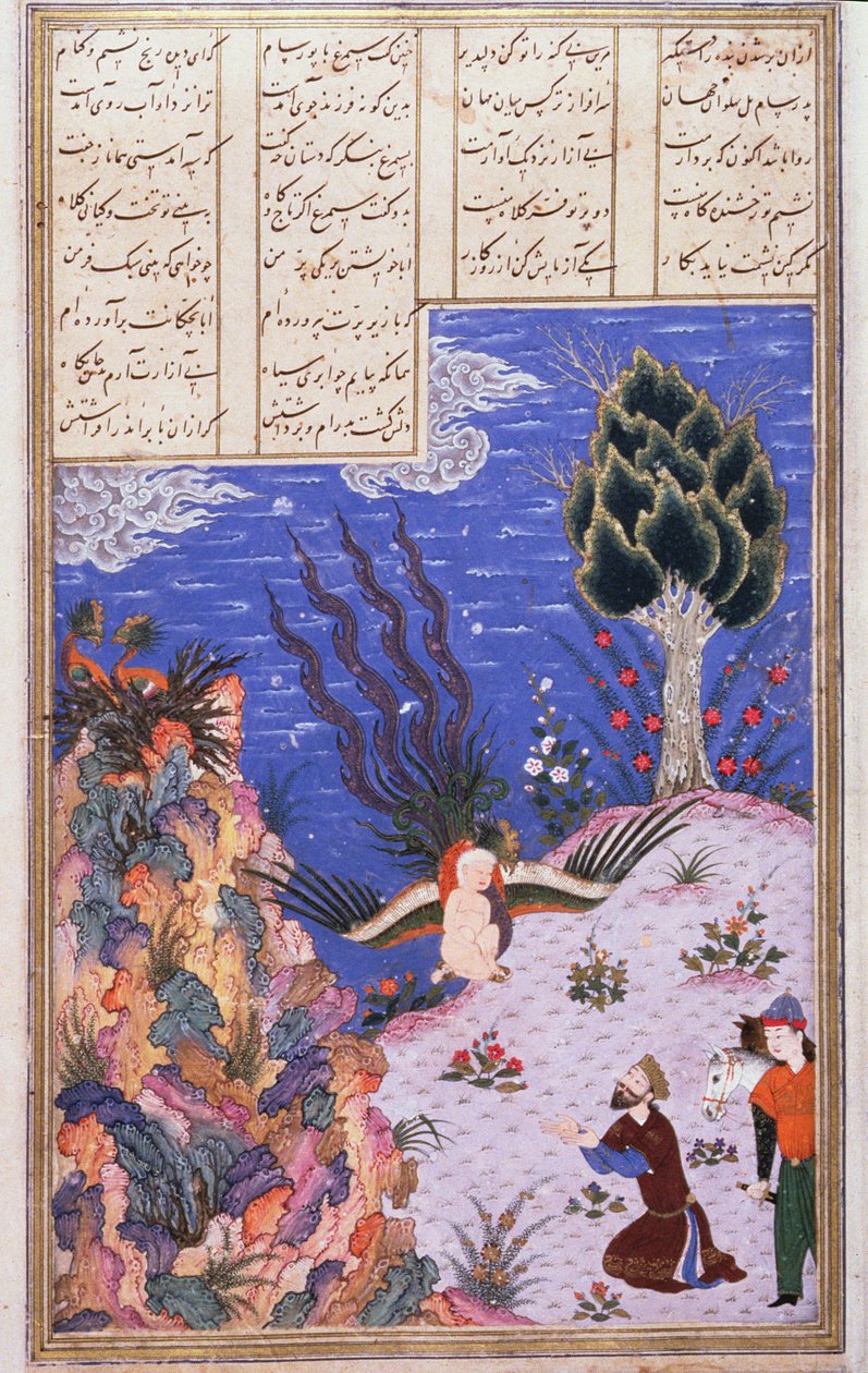 Simurghen genopretter barnet Zal til sin far Sam, illustration fra Shahnama (Kongenes Bog), af Abul-Qasim Manur Firdawsi (ca.934-c.1020) ca.1440-45 (pen, blæk & wc på vellum) af Persian School