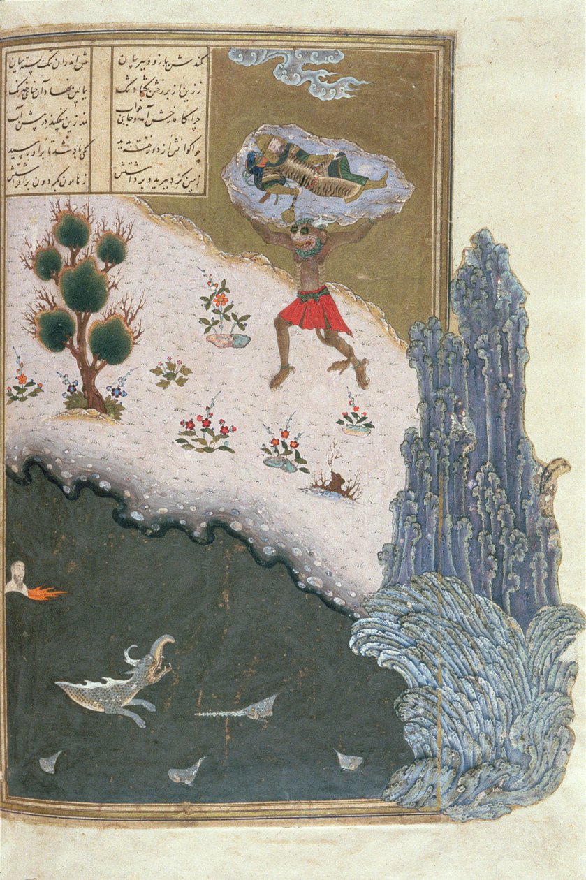 Den sovende Rustam båret gennem luften af Dæmonen Akwan, illustration fra Shahnama (Kongenes Bog), af Abul-Qasim Manur Firdawsi (ca.934-c.1020) ca.1440-45 (pen, blæk & wc på vellum ) af Persian School