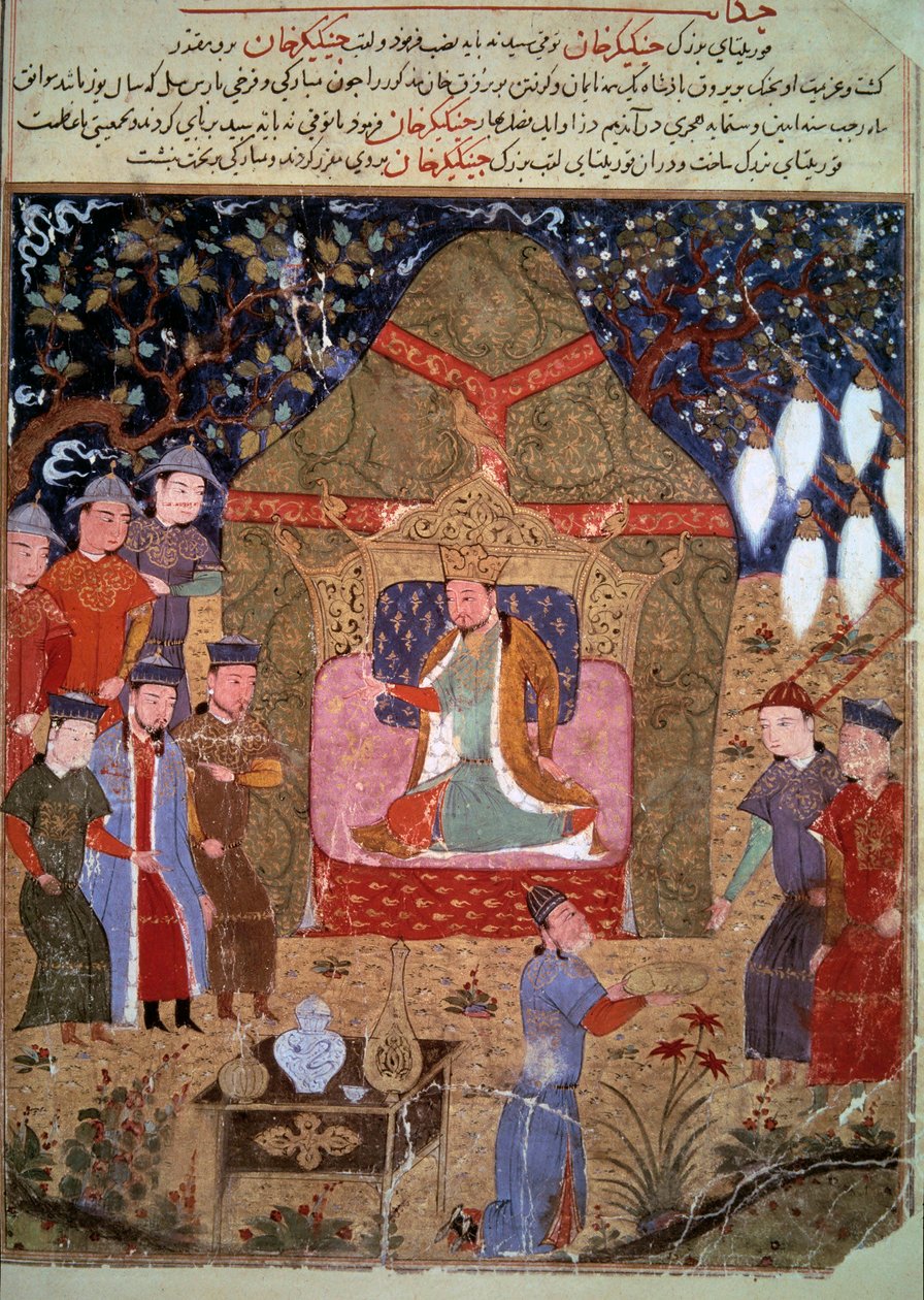 Mongolsk kejser Djengis Khans hof (1162-1227), der repræsenterer det persiske miniaturecenter fra "Jami al-Tawarikh" (Jami al-Tawarikh) (eller universel historie) af historikeren Rashid al-Din (al Din) (1247-1318) ), cirka 1430. Paris, B.N. af Persian School