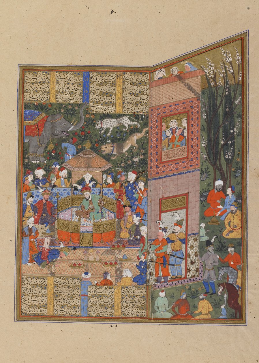 Salm og Turs udsendinge før Faridun, ca. 1560 (ugennemsigtig akvarel, blæk og guld på papir) af Persian School