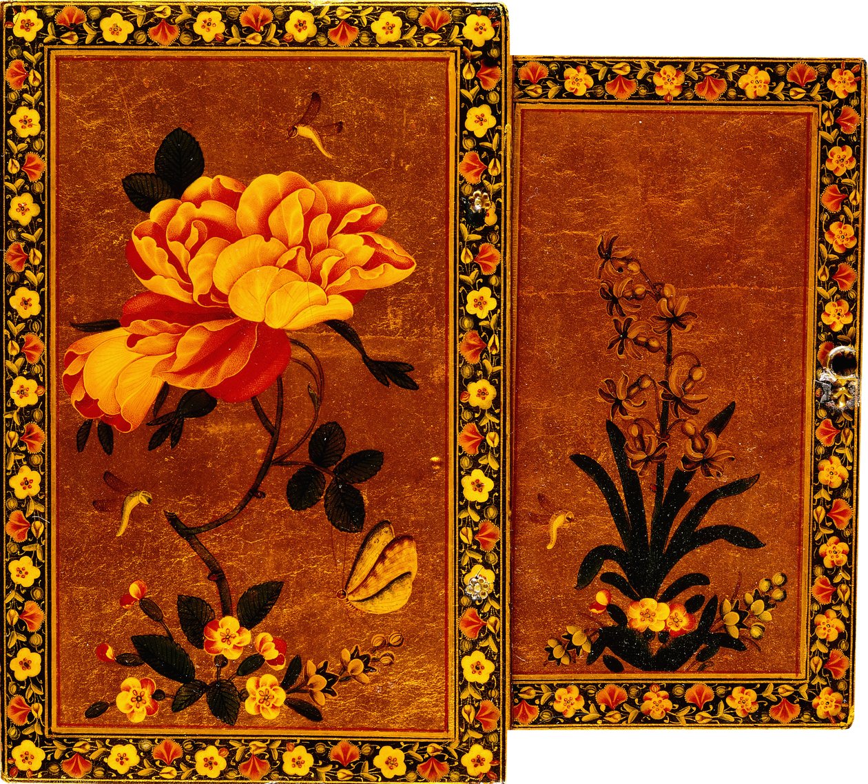 Forsiden og bagsiden af en spejlkasse malet med henholdsvis en hyacint og en rose, 1600-tallet af Persian School