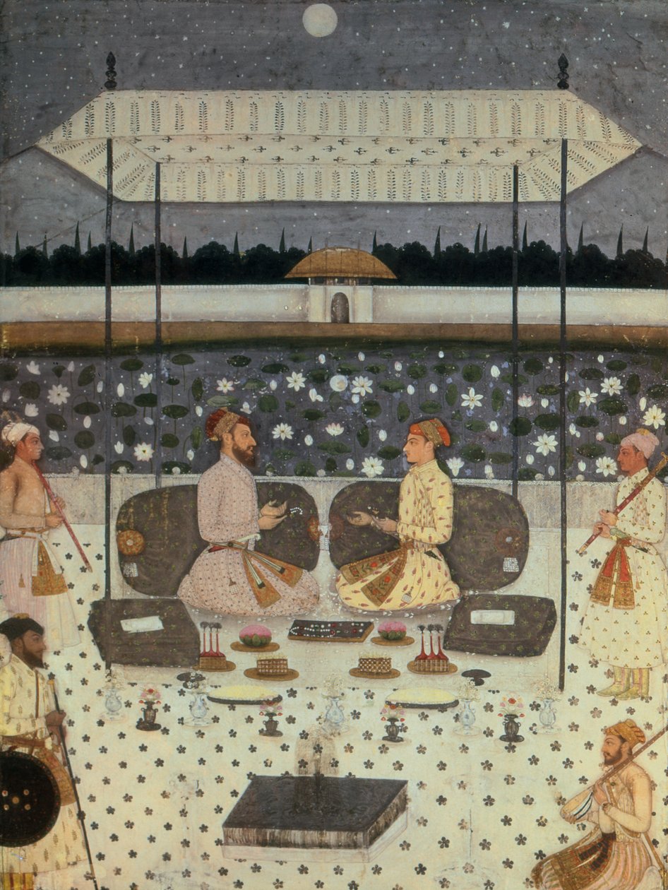 To Moghul-prinser, der samtaler om natten, ca. 1480-90 af Persian School