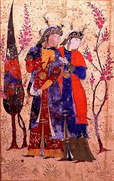 To prinsesser i et havelandskab, fra Tohfat Al-Ahrar, Bokhara-skolen af Persian School