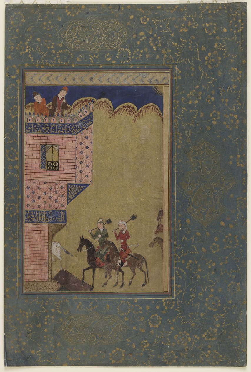 To ryttere, der bærer maces, nærmer sig et slot, ca. 1417-18 af Persian School