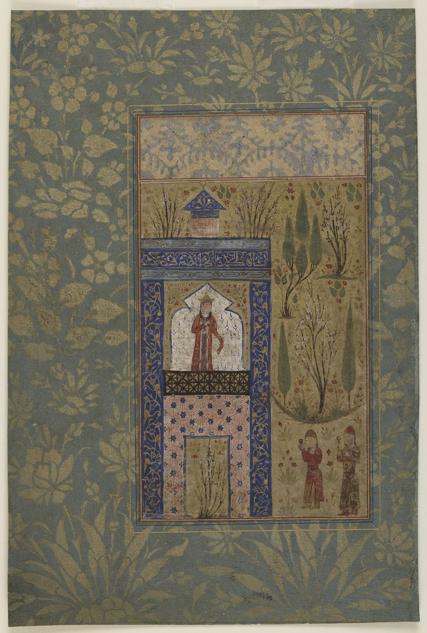 To unge foran en prinsesse ved et vindue, ca. 1417-18 (ugennemsigtig akvarel og guld på papir) af Persian School