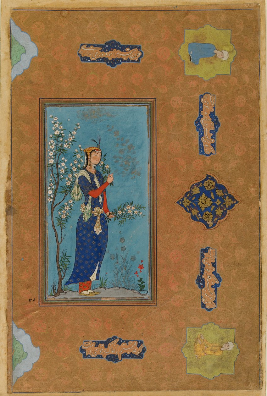 Kvinde med en spray af blomster, Safavid Periode, ca. 1575 (wc & guld på papir) af Persian School