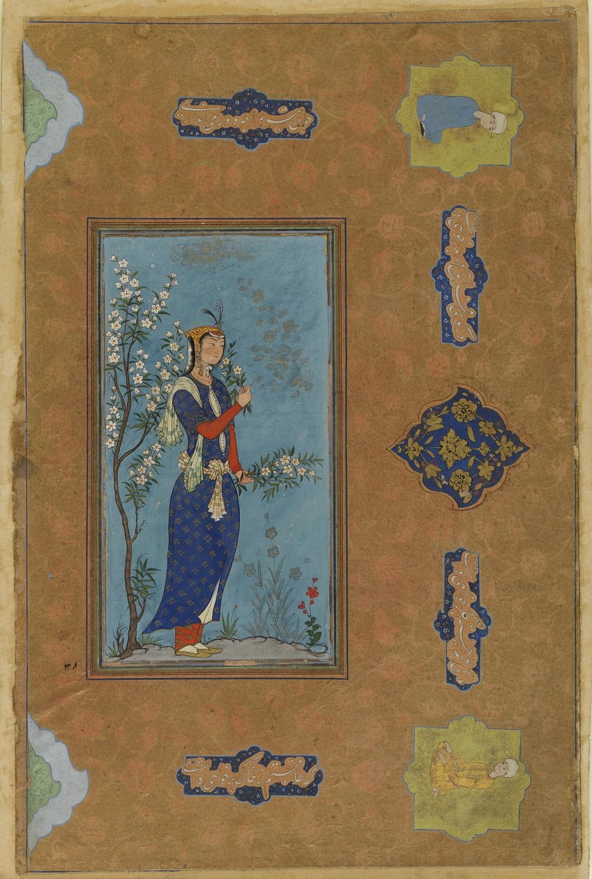 Kvinde med en spray af blomster, ca. 1575 (ugennemsigtig akvarel og guld på papir) af Persian School