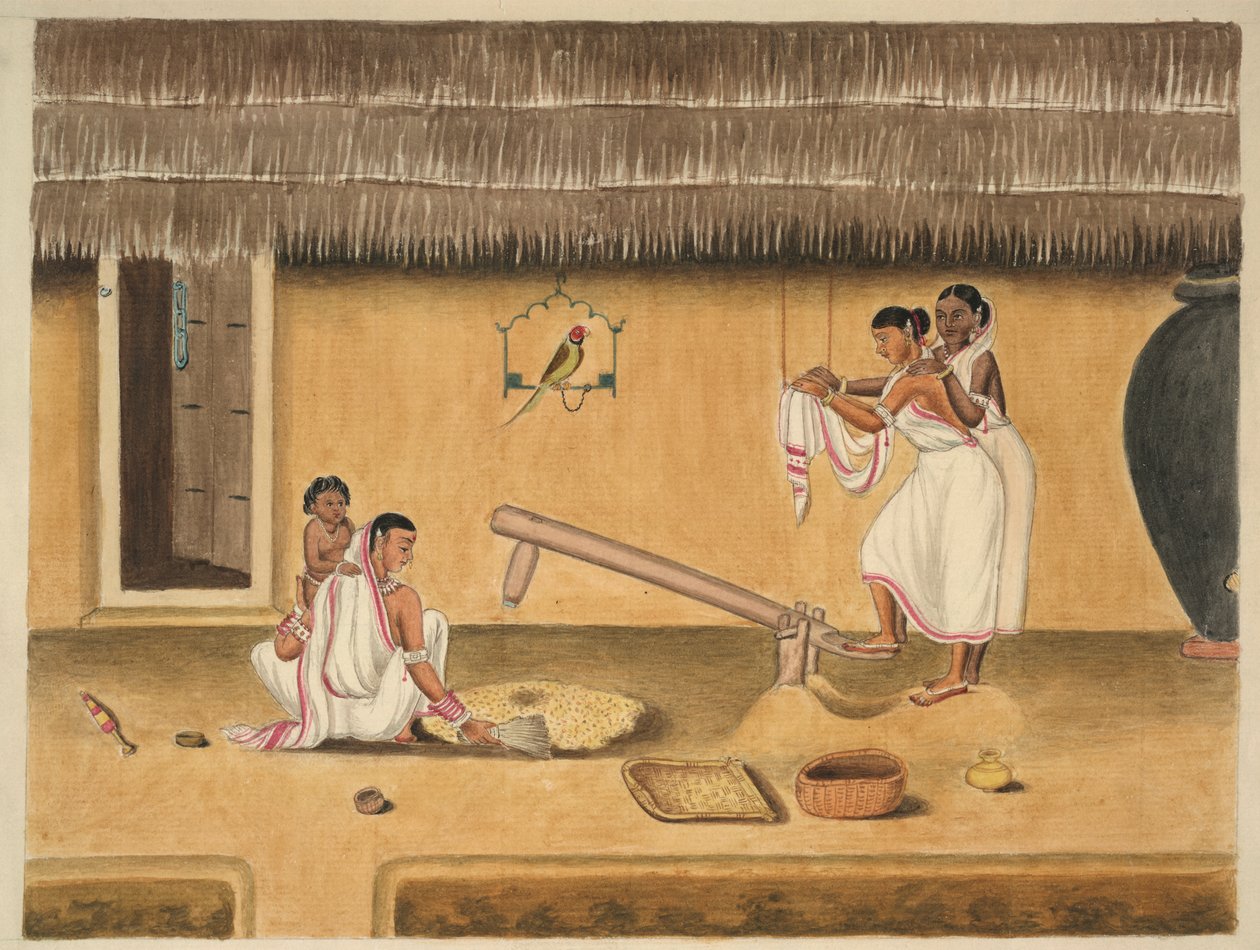 Kvinder afskaller uafskallet med en dhenki, ca. 1840 (akvarel på papir) af Persian School
