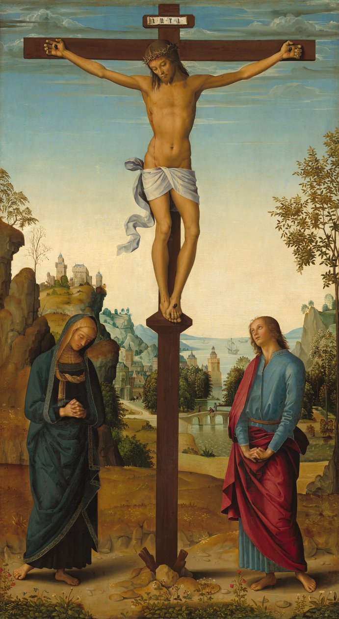 Korsfæstelsen med Jomfruen, Sankt Johannes, Sankt Hieronymus og Sankt Maria Magdalena..., ca. 14821485 af Perugino