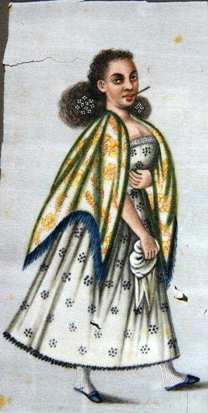 Dame med kirsebærstang, ca.1820 (akvarel på papir) af Peruvian School