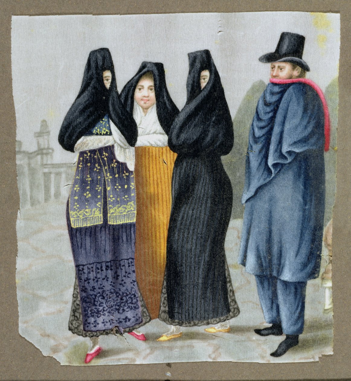 On the Streets of Lima, ca. 1820 (wc på marvpapir) af Peruvian School