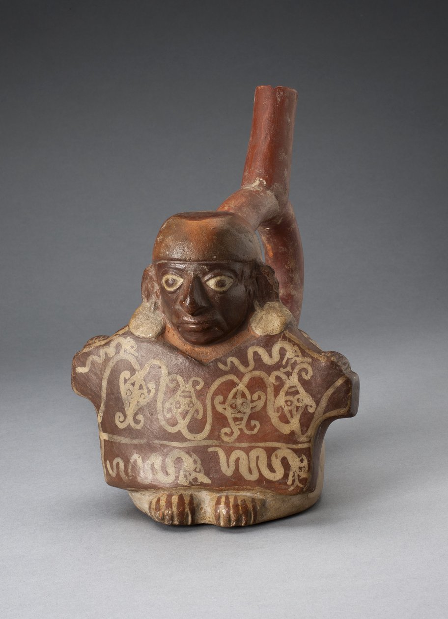 Stigbøjle tudbeholder forestillende mand holder dekoreret tekstil, 100 BC-AD 500 af Peruvian School