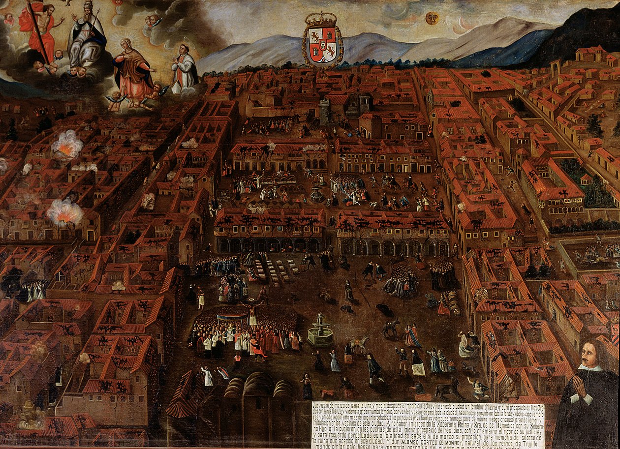 Udsigt over Cuzco på tidspunktet for jordskælvet i 1650 af Peruvian School