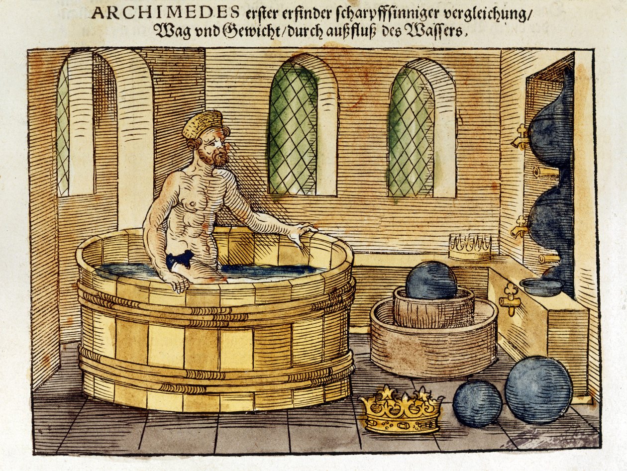 Archimedes (c287-212 f.Kr.) græsk matematiker og opfinder, i sit bad, 1547 (håndfarvet træsnit) af Peter Flötner