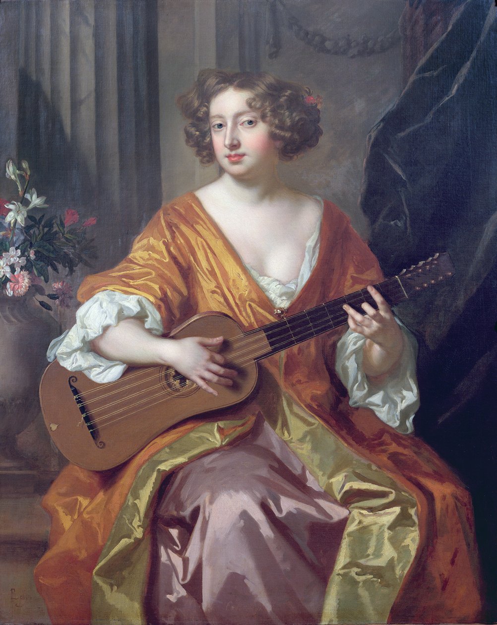 Portræt af fru Moll Davies, elskerinde til Charles II, blomster malet af Jean Baptiste Monnoyer (1636-69) af Peter Lely