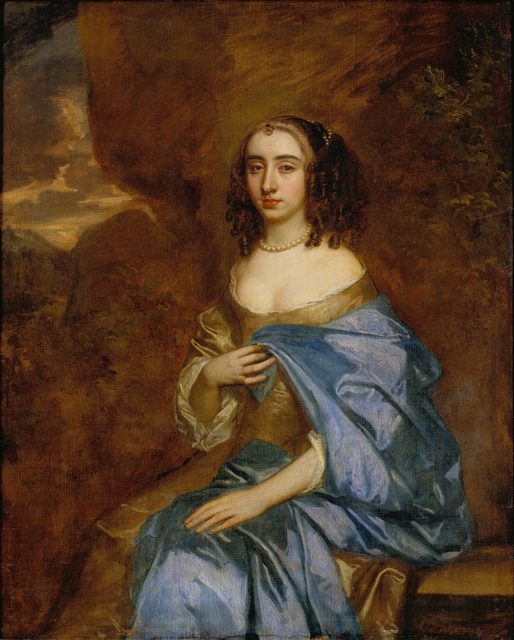 Portræt af en dame med et blåt draperi af Peter Lely