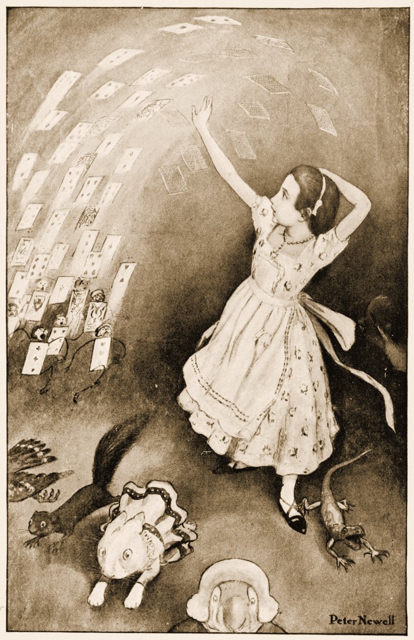 "På dette steg hele flokken op i luften", illustration til Lewis Carrolls Alice