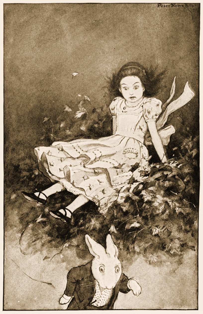 Ned kom hun over en bunke tørre blade, illustration til Lewis Carrolls Alices Adventures in Wonderland, 1901 af Peter Newell