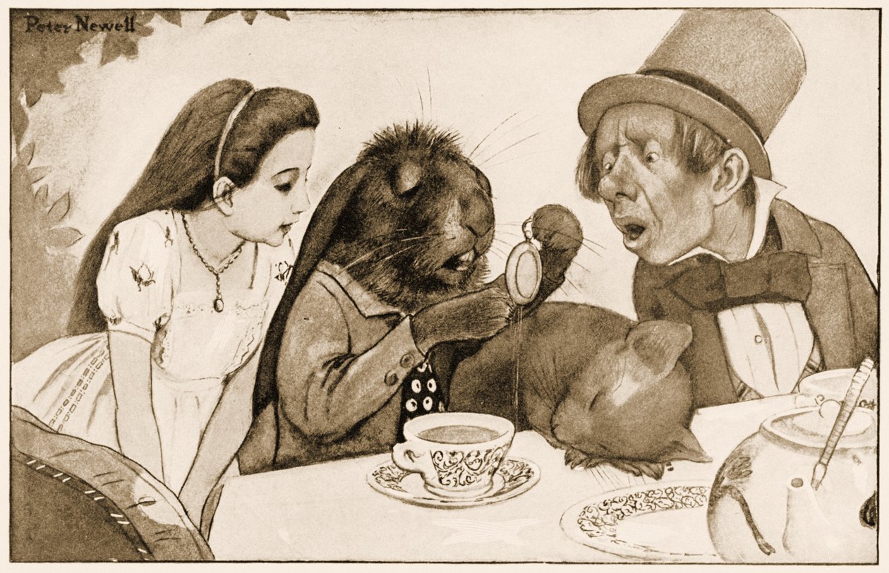 "Han dyppede den i sin kop te og så på den igen", illustration til Lewis Carrolls Alice