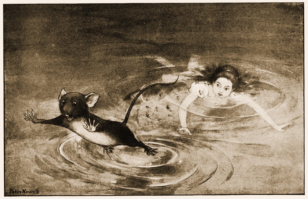 "Musen gav et pludseligt spring ud af vandet", illustration til Lewis Carrolls Alice