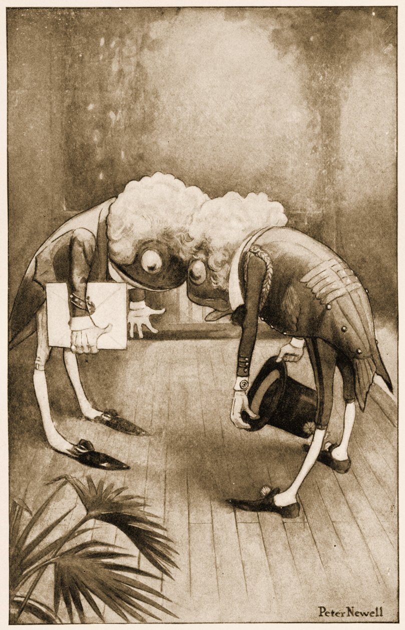 "De bukkede begge lavt, og deres krøller blev viklet ind", illustration til Lewis Carrolls Alice