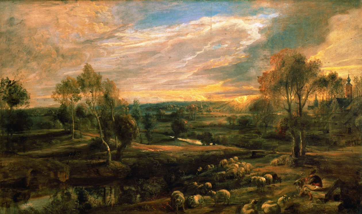 Et landskab med en hyrde og hans flok, ca. 1638 (olie på eg) af Peter Paul Rubens