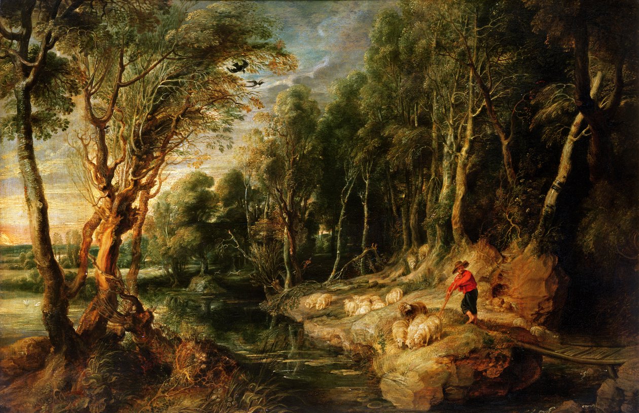 En hyrde med sin hjord i et skovlandskab, ca. 1615-22 (olie på egetræ) af Peter Paul Rubens