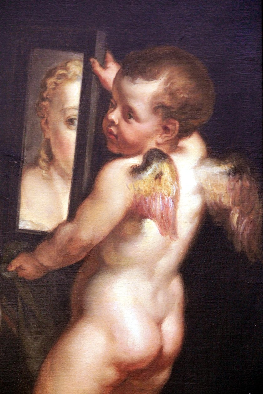 Amor holder et spejl, detaljer om olien på lærred Venus og Amor holder et spejl af Peter Paul Rubens