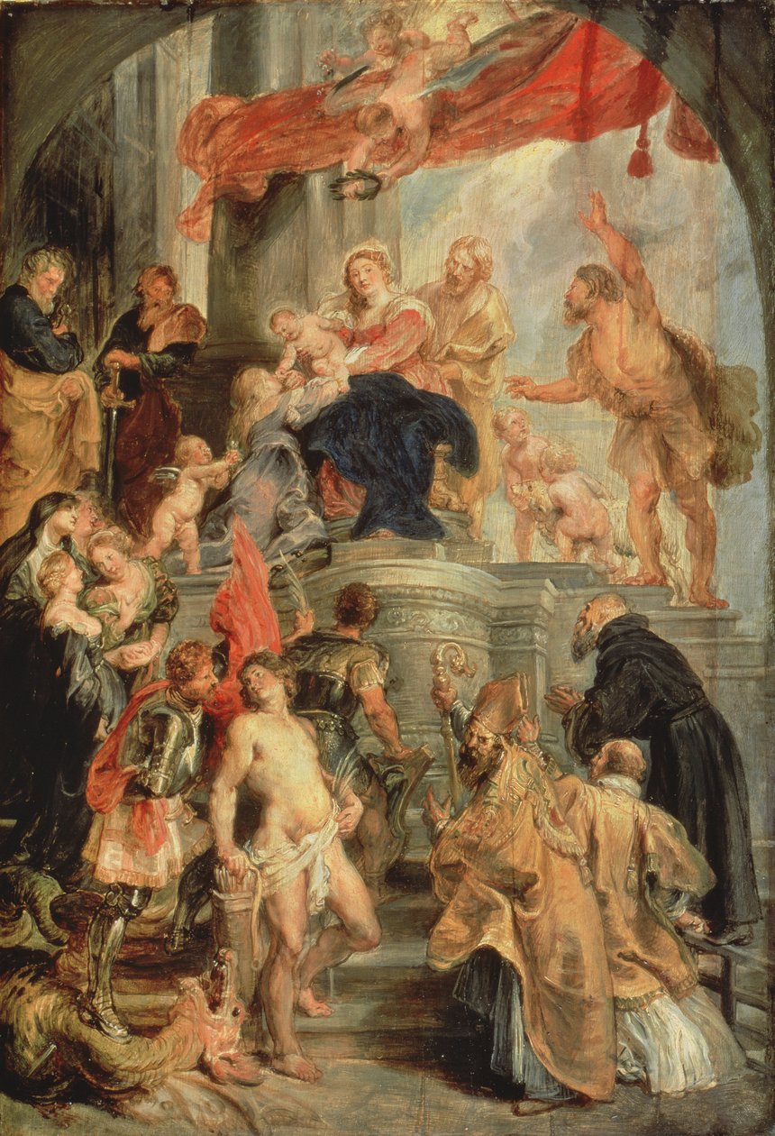 Tronet Madonna med barn, omringet af hellige, ca. 1627-28 af Peter Paul Rubens