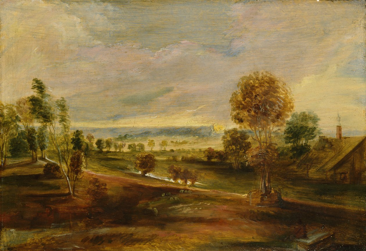 Landskab med landbrugsbygninger: Solnedgang, 1600-tallet af Peter Paul Rubens