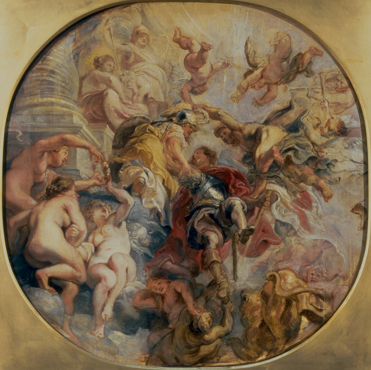 Minerva og Mercury dirigerer hertugen af Buckingham (1592-1628) til Dydens Tempel, før 1625 af Peter Paul Rubens